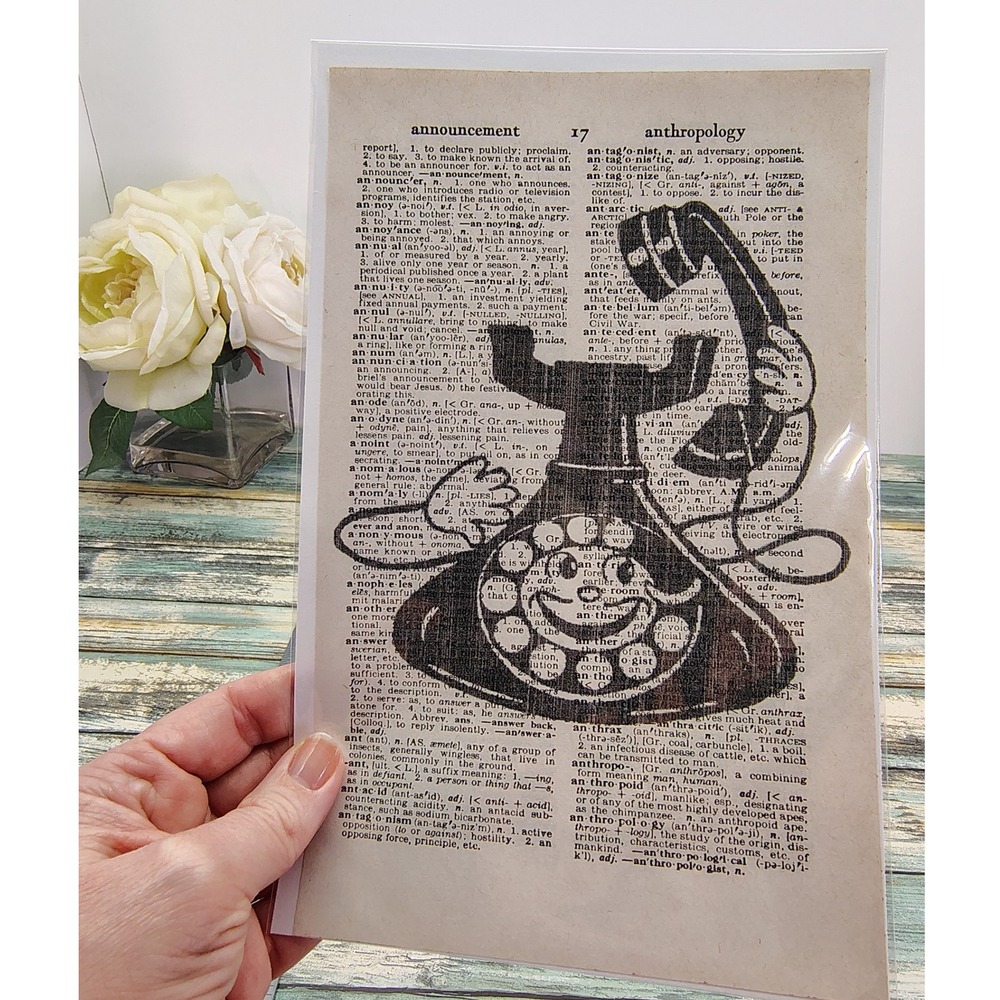 Vintage Rotary Phone Smiling Illustration Dictionary Page‎ Decor Quirky Handmade